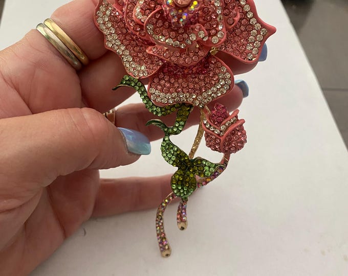 Rinestone Roses Beautiful Large Pink Rose Rhinestone Brooch - Etsy