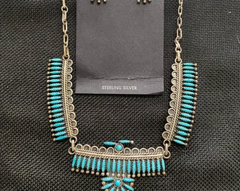 vintage Zuni Navajo en argent sterling turquoise petit point collier signé par l'artiste