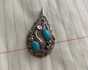 Vintage Sterling Silver Navajo Turquoise Feather Pendant South Cloud Signed SC-af