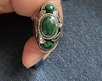 VTG Chunky Mexico Poison Locket 3-Stone Malachite Sterling Silver Ring 925-af