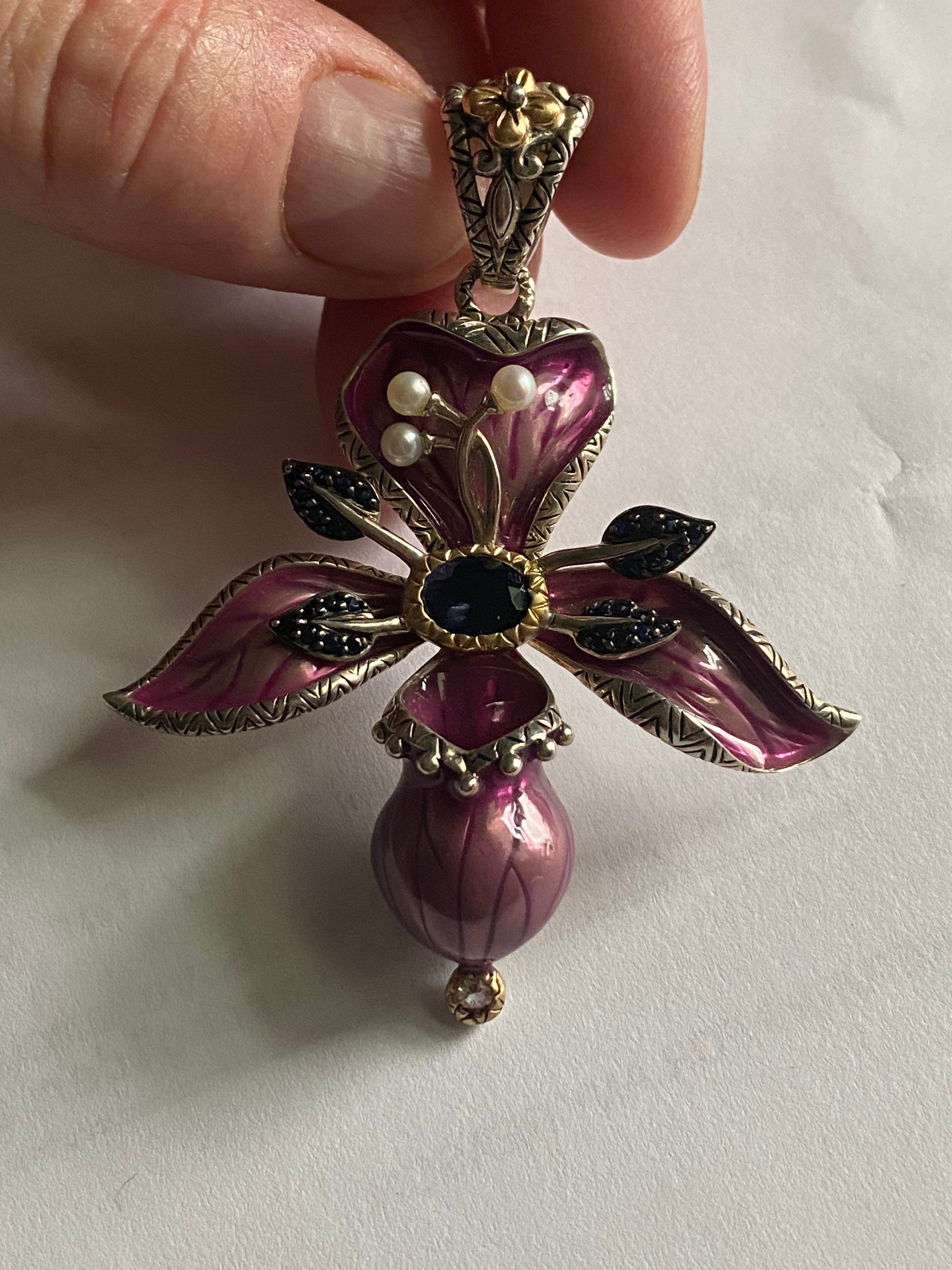 Barbara Bixby Gemstone Pearl Orchid Pendant Sterling Silver 18K