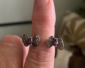 Vintage Sterling Silver Double Amethyst Butterfly Open Wrap Ring - Size 5 - af