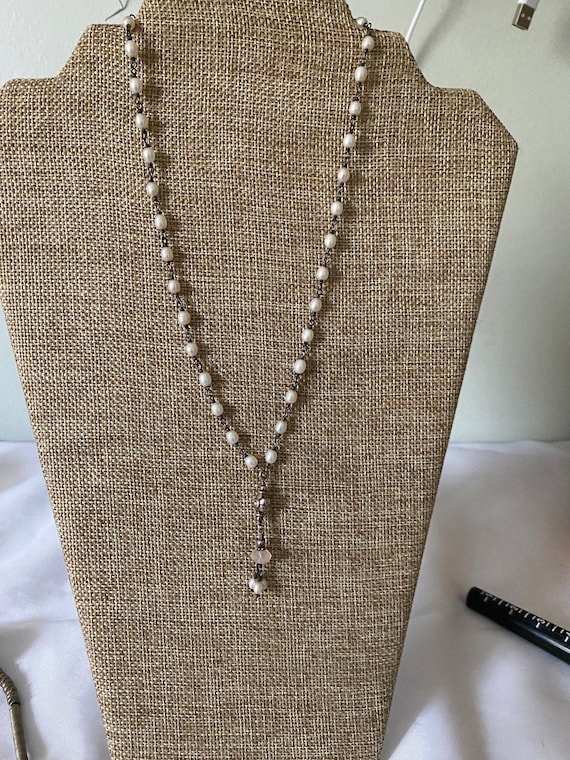 Vintage Sterling Silver Faux Pearl Beaded Toggle Necklace Marked India