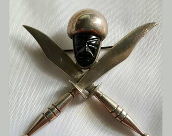 Rare Vintage Signed H. Santana Sterling Silver Carved Onyx Face & Sword Brooch!!!-af