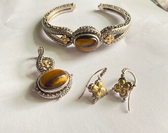 Barbara Bixby Tiger’s Eye Sterling/18k Gold Cuff Bracelet, Pendant, Earrings Set