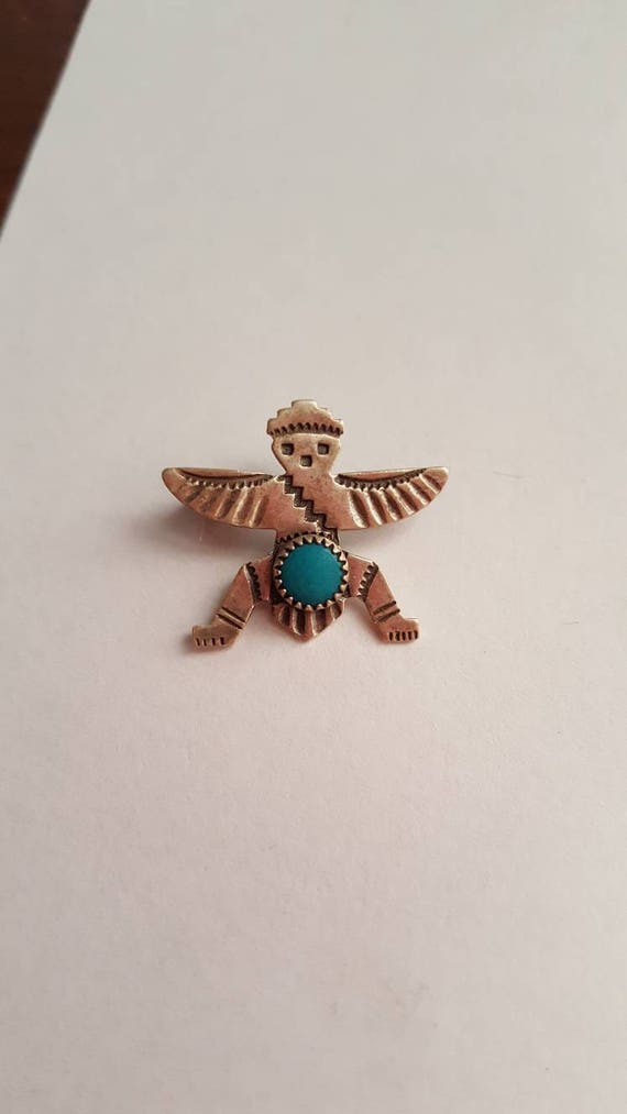 Vintage Sterling Silver Navajo Kachina Turquoise Stone Brooch