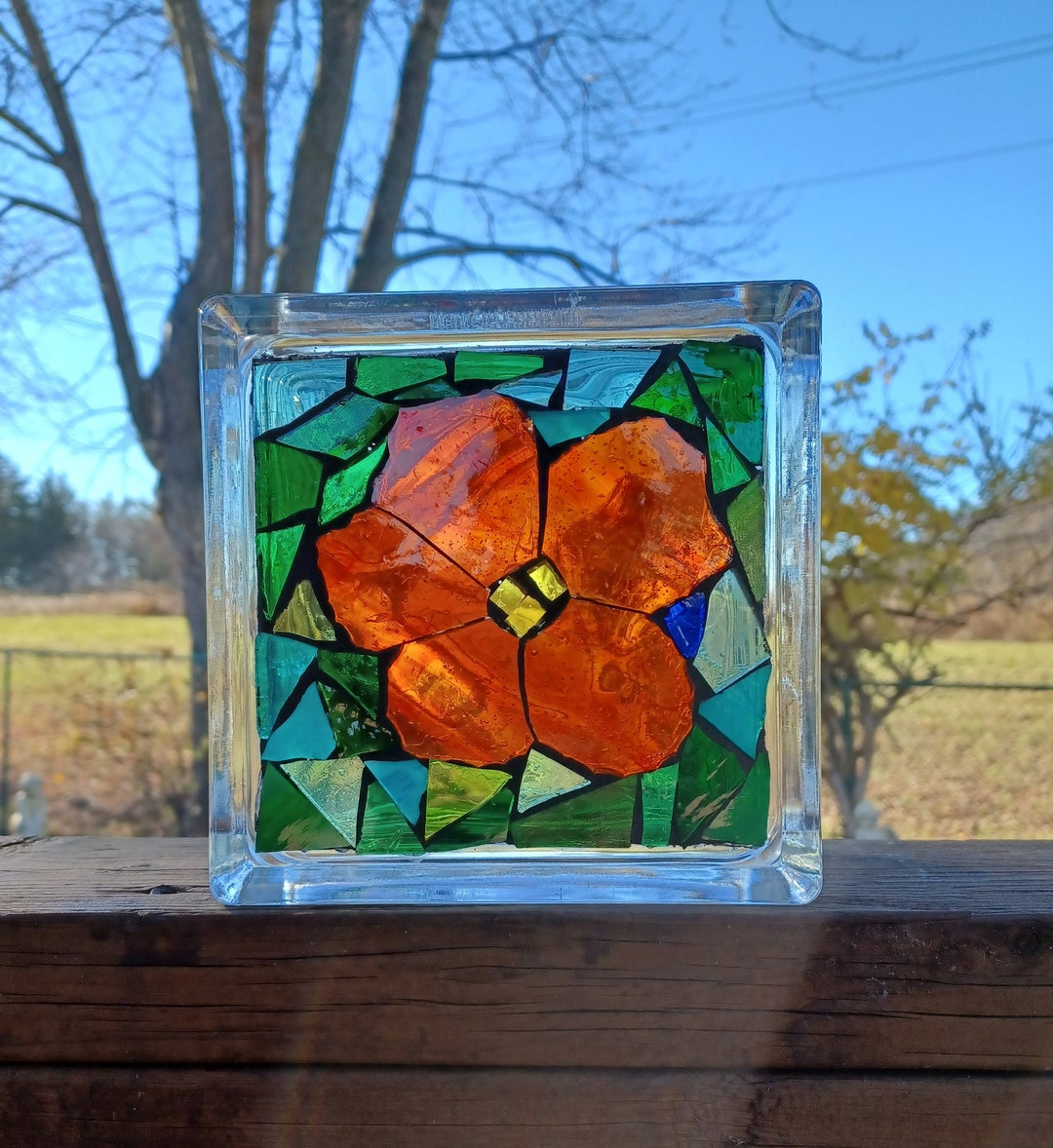 Stained Glass Orange Flower Mosaic Glass Block Etsy