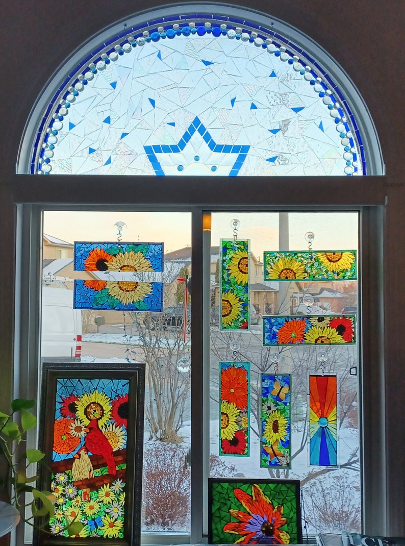Suncatcher Stained Glass Mosaic Sunflowers Split Swivel Garden Etsy