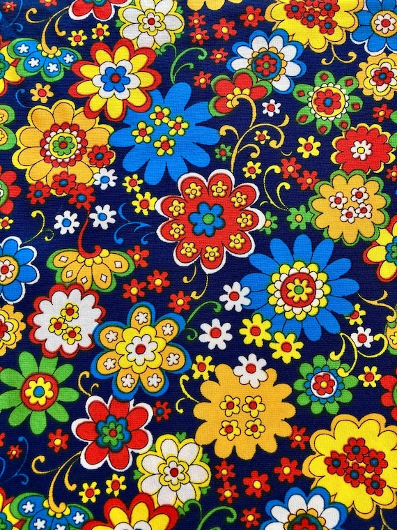 Vintage Fabric Mod Flower Power Double Knit 60” x 50” Bright Primary Colors
