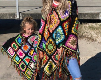 Poncho| Hippy clothes| Festival wear| Crochet poncho| Colourful| Winter|Bohemian| Outerwear| Jumpers| Unisex| All sizes| Customizable|