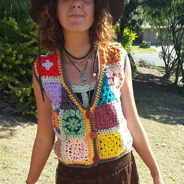 Colourful granny square vest| Young at heart| Hippy clothing| Bohemian| Gypsy| Festival wear| Vegan| Vest| Waist coat| UNISEX|