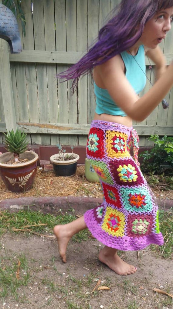 One off Funky Crochet Skirt boho Skirt hippy Clothes festival Wear rainbow  Lady gypsy crochet Clothes vegan size 8-12 adjustable 