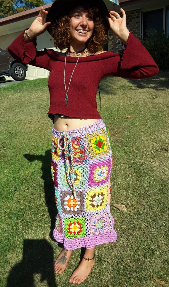 One off Funky Crochet Skirt boho Skirt hippy Clothes festival Wear rainbow  Lady gypsy crochet Clothes vegan size 8-12 adjustable 