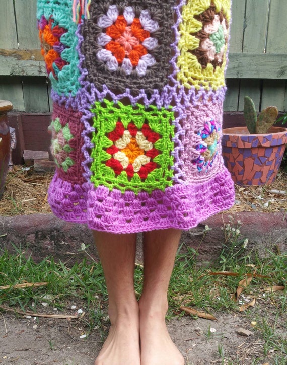 One off Funky Crochet Skirt boho Skirt hippy Clothes festival Wear rainbow  Lady gypsy crochet Clothes vegan size 8-12 adjustable 