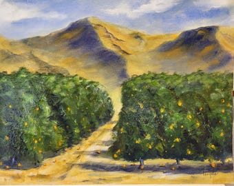 Original 12 x 16  Plein Air Oil Painting – Orange Grove Landscape – California Mountain