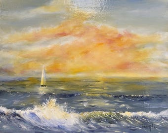 Laguna Beach Sunset 8 x 10 Plein Air Oil Painting, Sailing Seascape Art