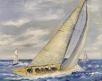 Original Oil Painting 10 x 10 Sailboat Nautical Art, Ocean Sailing Coastal Decor