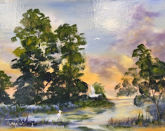 Newport Back Bay, 8x10 Original Plein Air oil,  Wetlands Landscape Egret Marsh Impressionist Wall Art