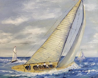 Original Oil Painting Sailboat Nautical Art, Ocean Sailing Scene Coastal Decor