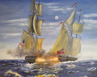 Tall Ships, 16 x 16 Oil Painting, Naval Battle, Moonlit Sea – Maritime Art