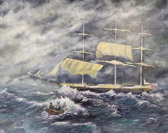 Clipper Ship 16x20 Oil Painting, Moonlight Storm,