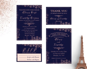 Rose Gold Wedding Invitation, Navy Blue Wedding Invitation, Printable Wedding Invitation Set, Calligraphy Wedding Invitation