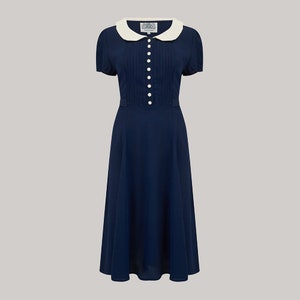 Dorothy Dress in French Navy with Ivory Contrast Collar by The Seamstress of Bloomsbury | Authentic Vintage 1940s Style