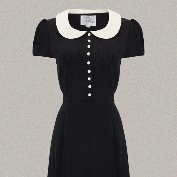 Dorothy Dress in Liquorice Black with Ivory Collar by The Seamstress of Bloomsbury | Authentic Vintage 1940's Style