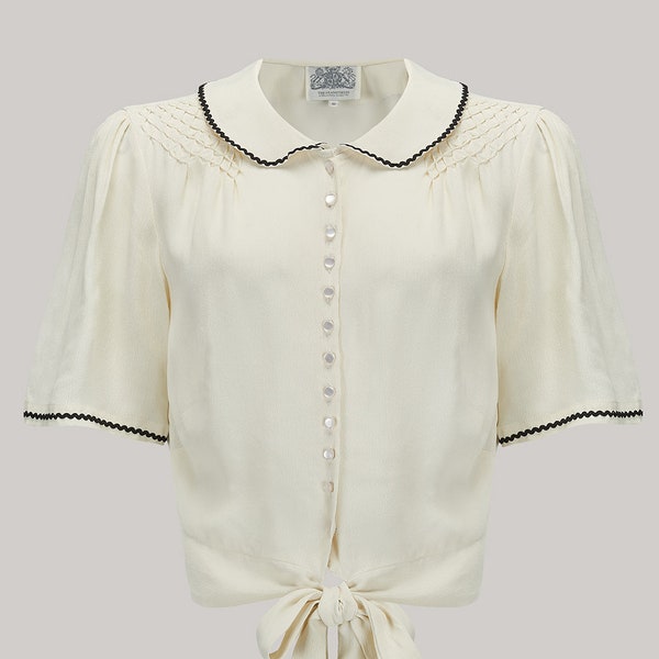 Bluse Helen in Creme (Black Ric-Rac) von The Seastress of Bloomsbury | Authentischer Vintage 1940er Stil