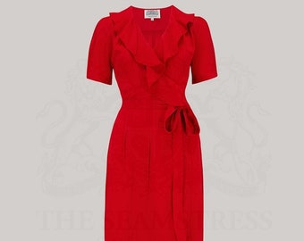 Ruffle Collar Peggy Wrap Dress in Lipstick Red by The Seamstress of Bloomsbury | 1940's Authentic Vintage Style Clothing