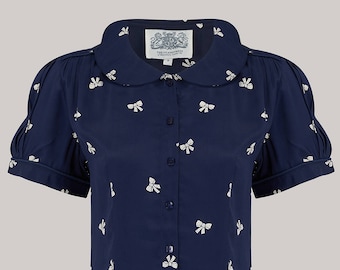 Jive-blouse met marineblauwe strik | Vintage damesstijl uit de jaren 40 | De naaister van Bloomsbury
