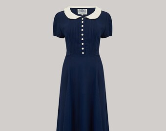 Dorothy Dress in French Navy with Ivory Contrast Collar by The Seamstress of Bloomsbury | Authentic Vintage 1940s Style