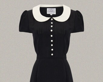 Dorothy Dress in Liquorice Black with Ivory Collar by The Seamstress of Bloomsbury | Authentic Vintage 1940's Style