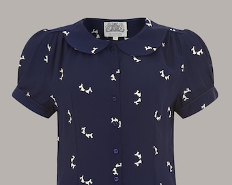 Jive-blouse in marineblauw doggy | Vintage damesstijl uit de jaren 40 | De naaister van Bloomsbury