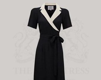 Peggy Wrap Dress in Black with Ivory Collar by The Seamstress of Bloomsbury | Authentic Vintage 1940s Style