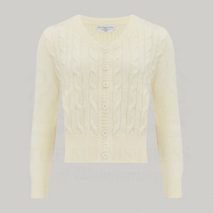 Cable Knit Cardigan in Cream | Vintage 1940s Style Women&#39;s Knitwear | The Seamstress of Bloomsbury