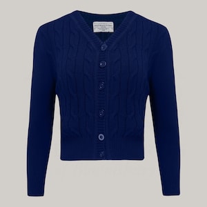 Cable Knit Cardigan in Navy | Vintage 1940s Style Women&#39;s Knitwear | The Seamstress of Bloomsbury