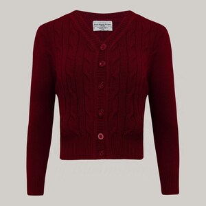 Cable Knit Cardigan in Wine by The Seamstress of Bloomsbury | Authentic 1940s Style