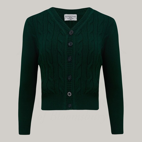 Cable Knit Cardigan in Forest Green by The Seamstress of Bloomsbury | Authentic 1940s Style