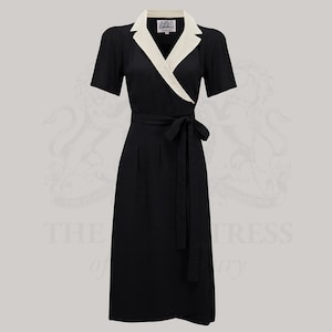 Peggy Wrap Dress in Black with Ivory Collar | Vintage 1940s Style Women&#39;s Dress | The Seamstress of Bloomsbury