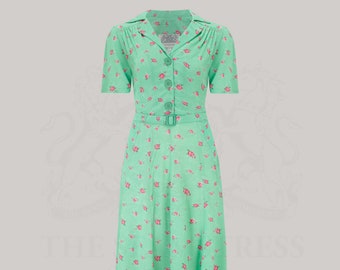 Lisa Fit & Flare Dress in Mint Rose Print by The Seamstress of Bloomsbury | Authentic Vintage 1940's Style