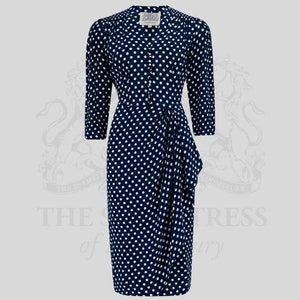 Mabel Dress 3/4 Sleeve Waterfall Dress in Navy Polka Dot | Vintage 1940s Style Women's Dress | The Seamstress of Bloomsbury