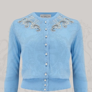 Hand Beaded Cardigan in Powder Blue | Vintage 1940s Style Women&#39;s Knitwear | The Seamstress of BloomsburyDesigns