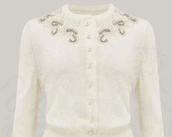 Hand Beaded Cardigan in Cream by The Seamstress of Bloomsbury | Authentic 1940's Style Designs