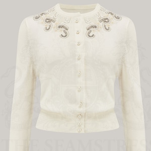 Hand Beaded Cardigan in Cream by The Seamstress of Bloomsbury | Authentic 1940's Style Designs