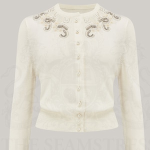 Hand Beaded Cardigan in Cream | Vintage 1940s Style Women&#39;s Knitwear | The Seamstress of Bloomsbury