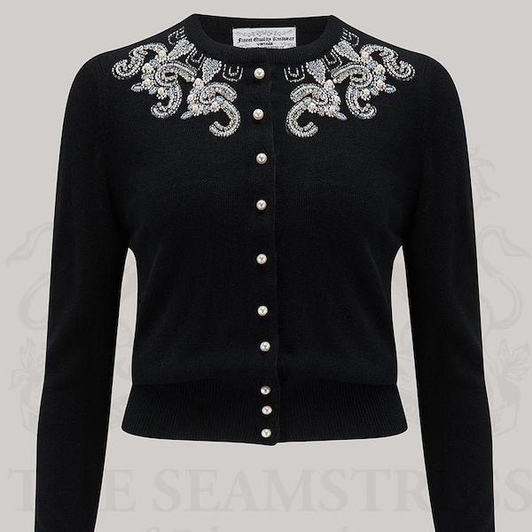 Hand Beaded Cardigan in Black by The Seamstress of Bloomsbury | Authentic 1940's Style Designs
