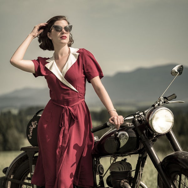 Abito Peggy Wrap color vino con colletto avorio / Stile vintage da donna anni '40 / La sarta di Bloomsbury
