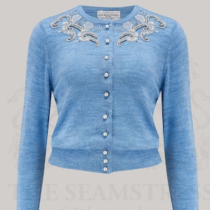 Hand Beaded Cardigan in Blue Marl | Vintage 1940s Style Women&#39;s Knitwear | The Seamstress of Bloomsbury