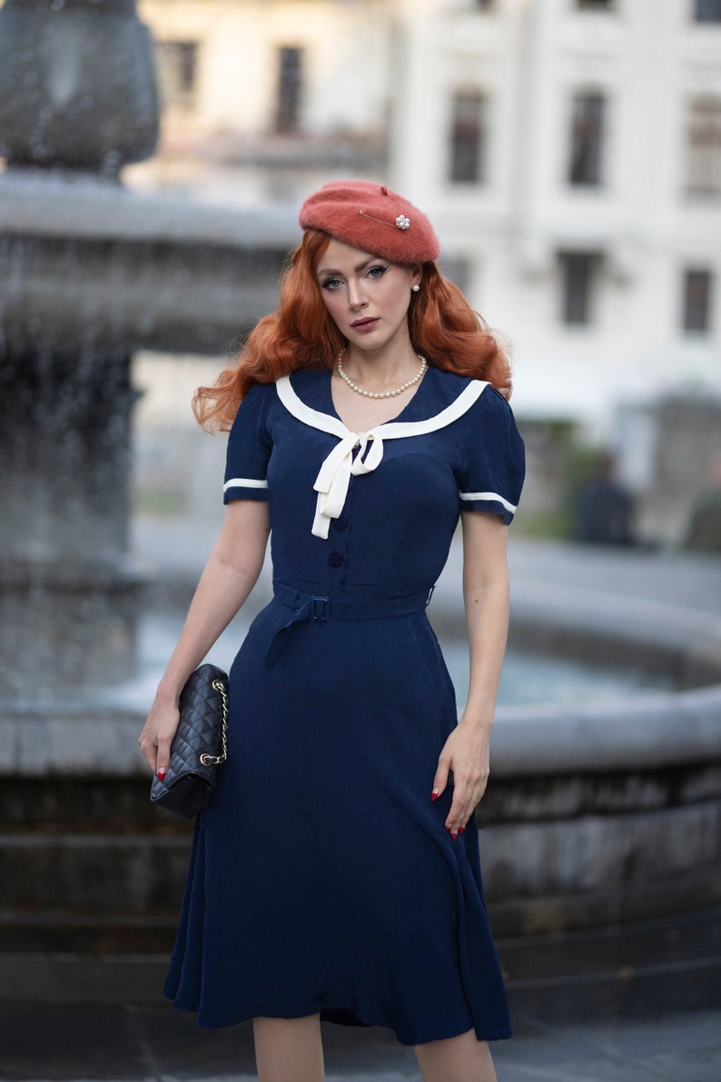 Patti Sailor Dress in French Navy by The Seamstress of Bloomsbury Authentic Vintage 1940's Style image 2